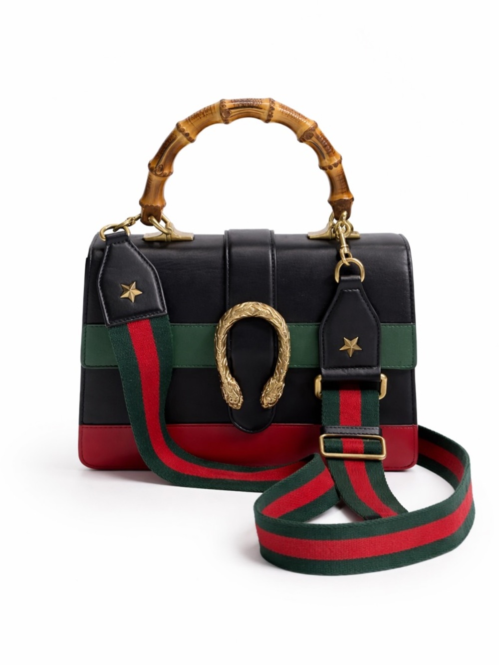 Gucci Dionysus Bamboo Top Handle Bag Black Leather Web Stripe Medium Crossbody